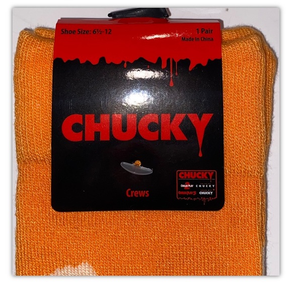 Chucky Crew Socks 1 Pair Men 6.5-12 Orange Blue Childs Play Horror Good Guy Doll - Picture 2 of 9